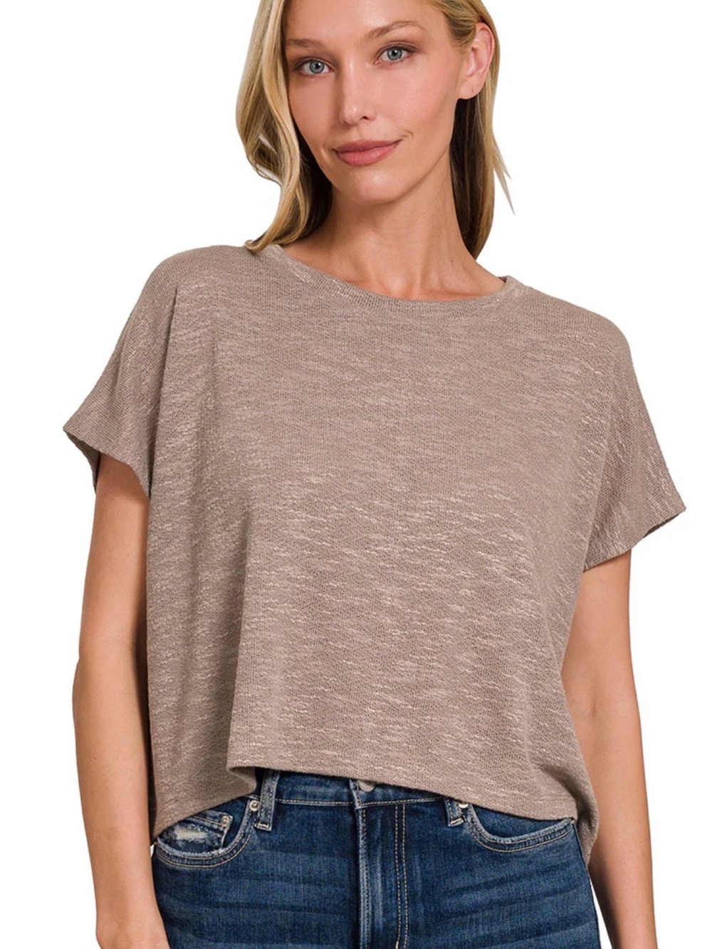 Zenana Relaxed Short-Sleeve Crop Top in Mocha
